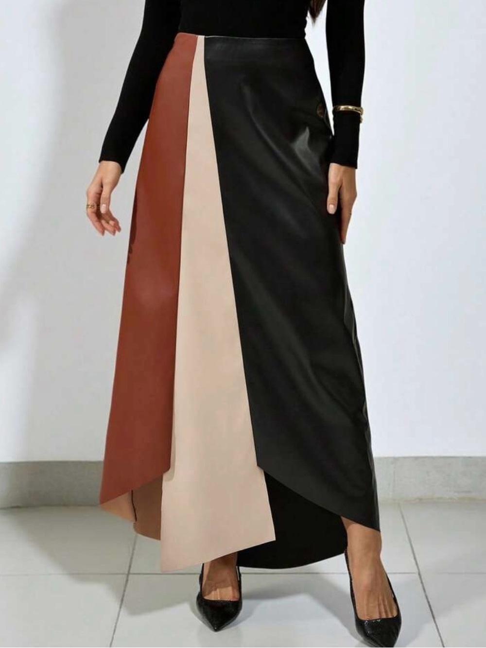 NEW Colorblock Faux Leather Maxi Skirt - Black, Brown & Cream